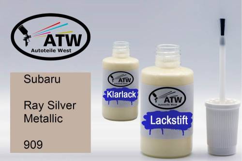 Subaru, Ray Silver Metallic, 909: 20ml Lackstift + 20ml Klarlack - Set, von ATW Autoteile West.